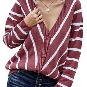 NEW Rose Striped Long Sleeve Chunky Button Down Oversized Sweater - Size XL